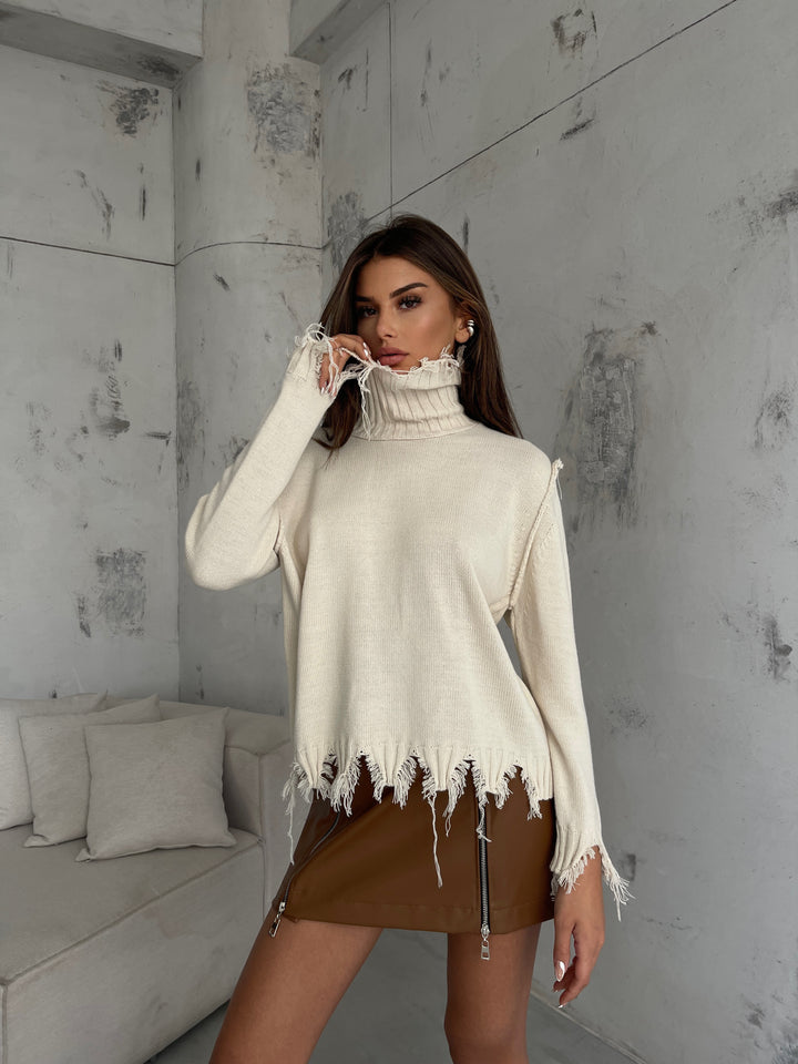 Balıkçı Yaka Lazer Detay Bej Kazak