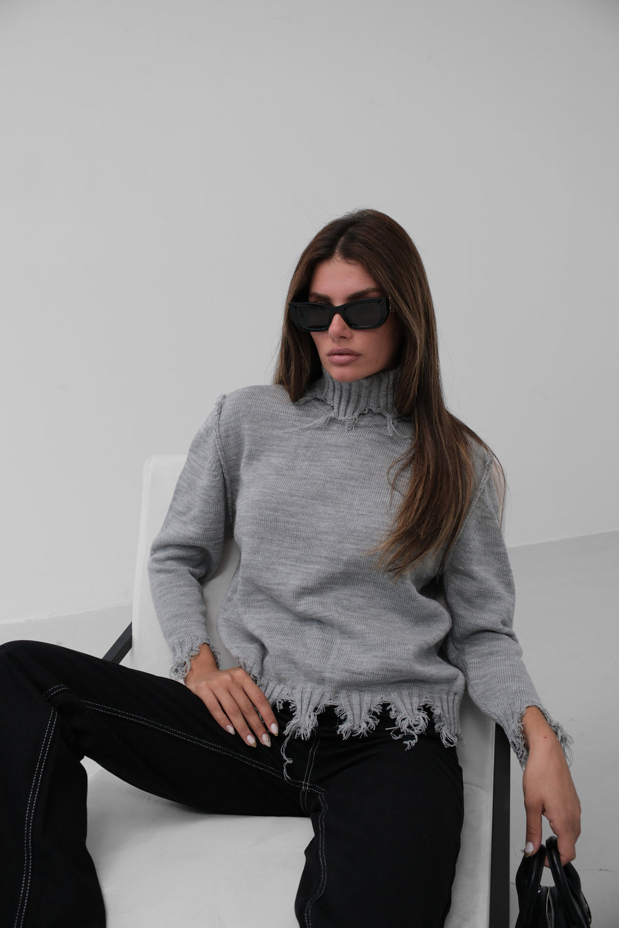 Turtleneck Laser Detail Grey Sweater 