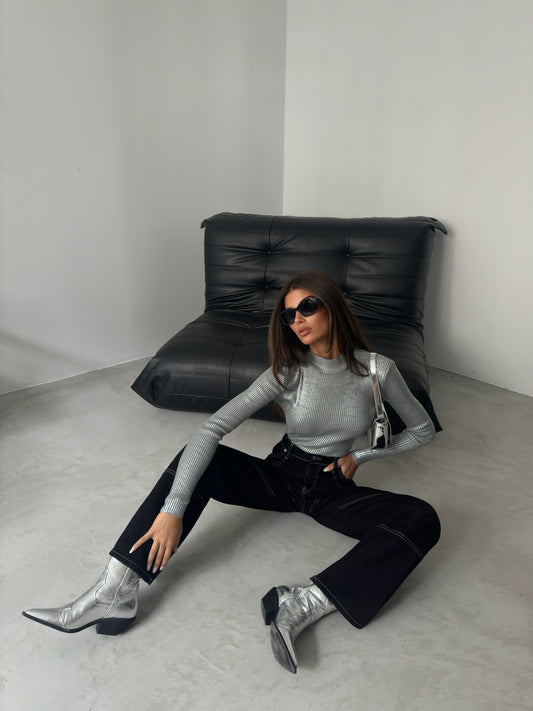 Turtleneck Metallic Grey Knit Blouse