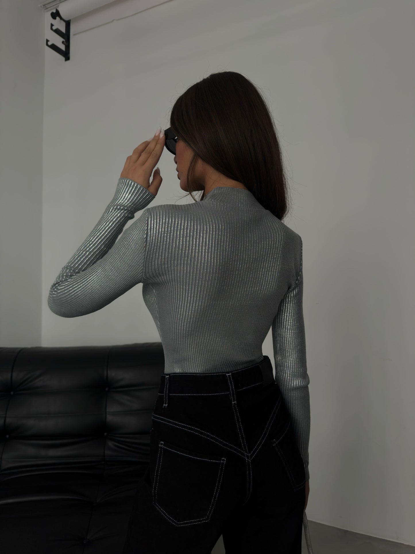 Turtleneck Metallic Grey Knit Blouse