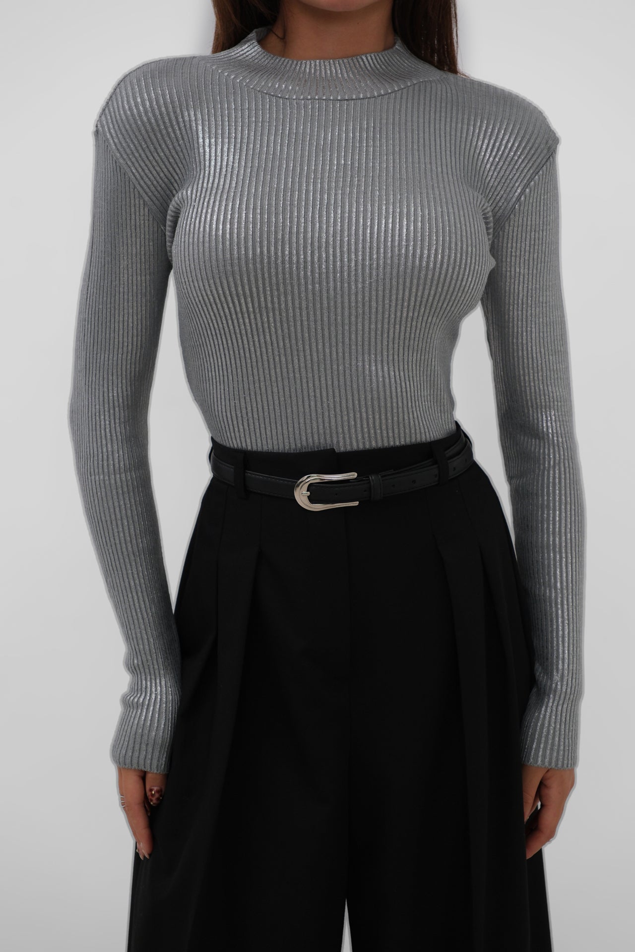 Turtleneck Metallic Grey Knit Blouse