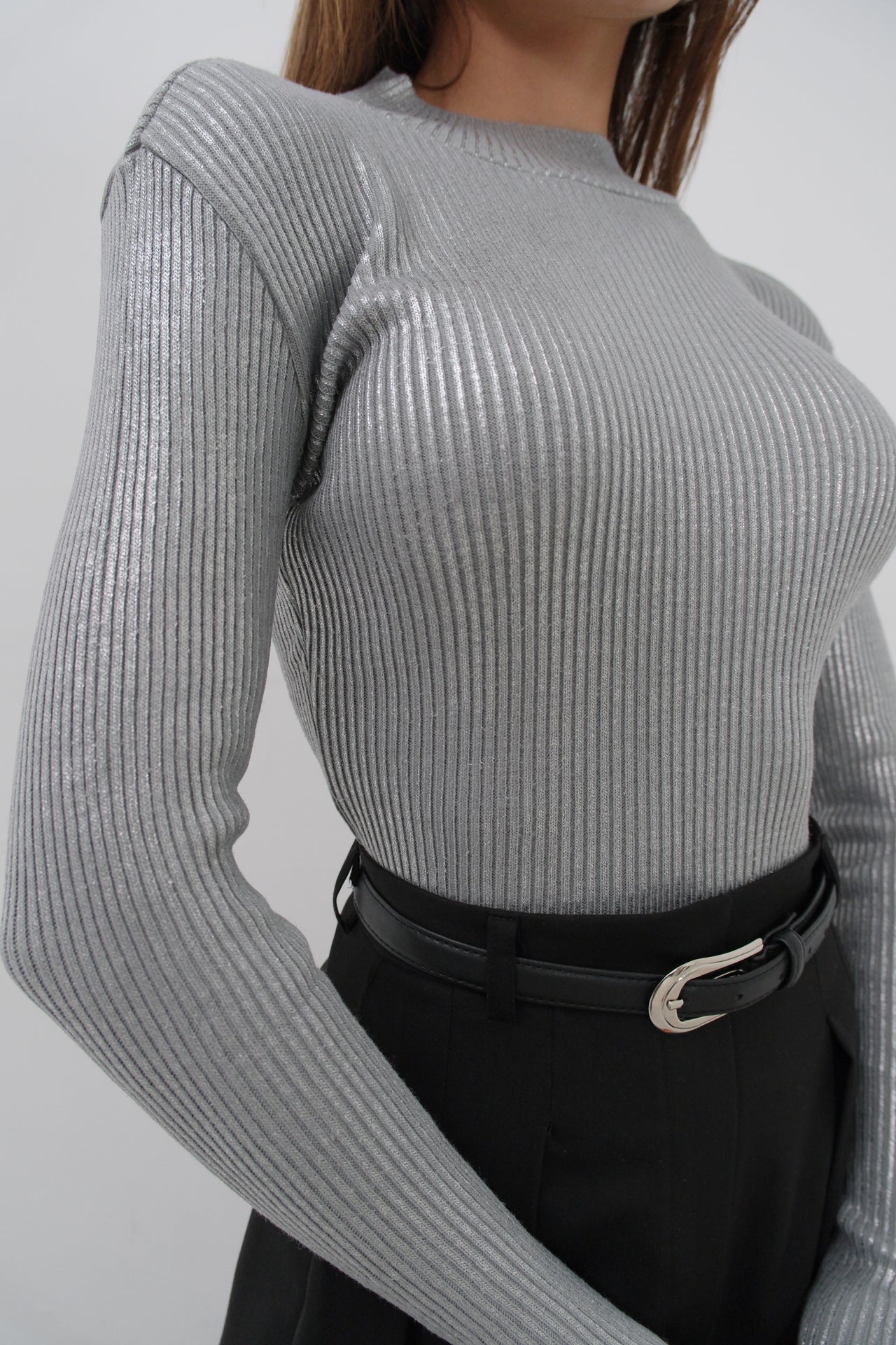 Turtleneck Metallic Grey Knit Blouse