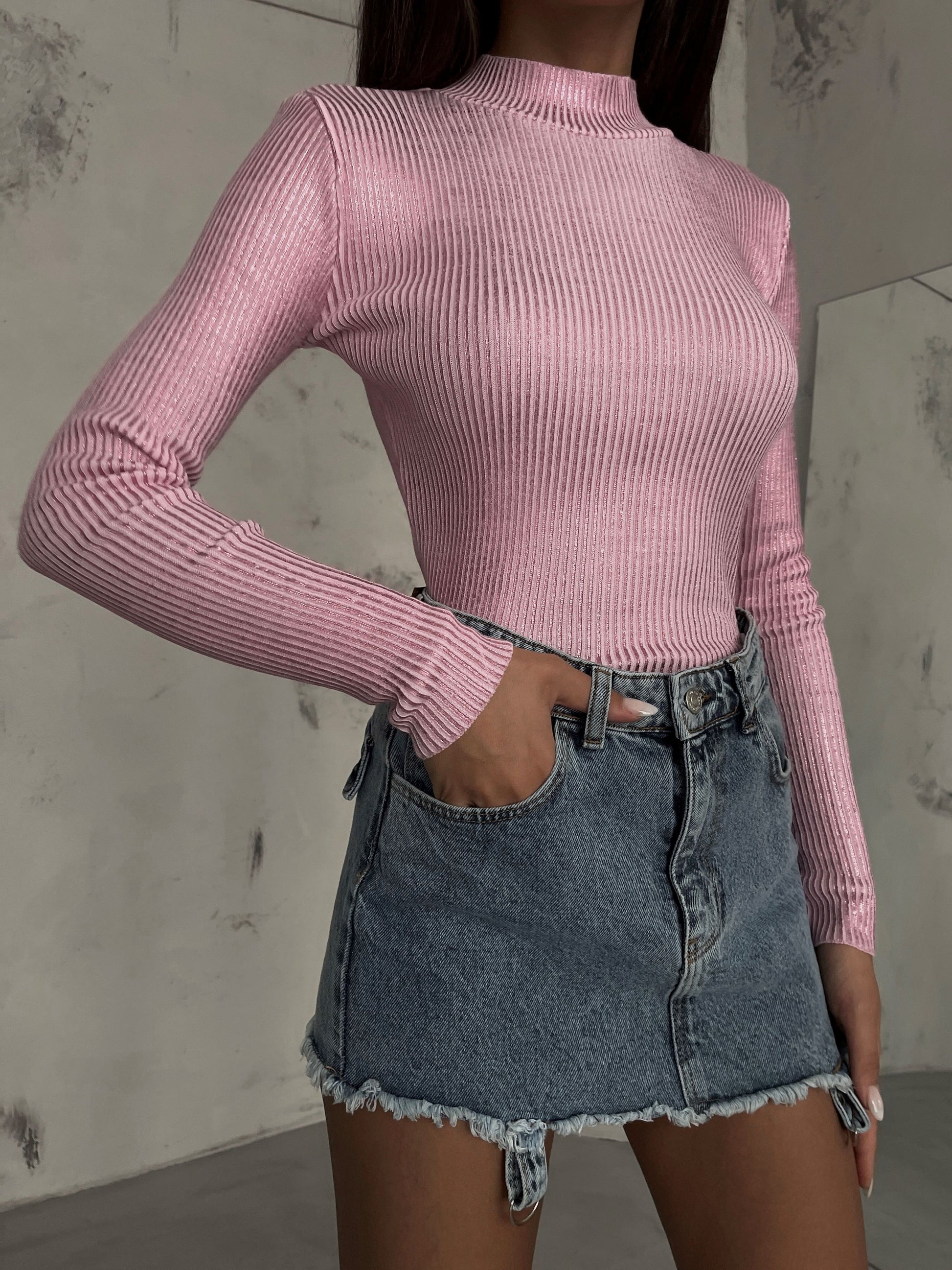 Turtleneck Metallic Pink Knit Blouse