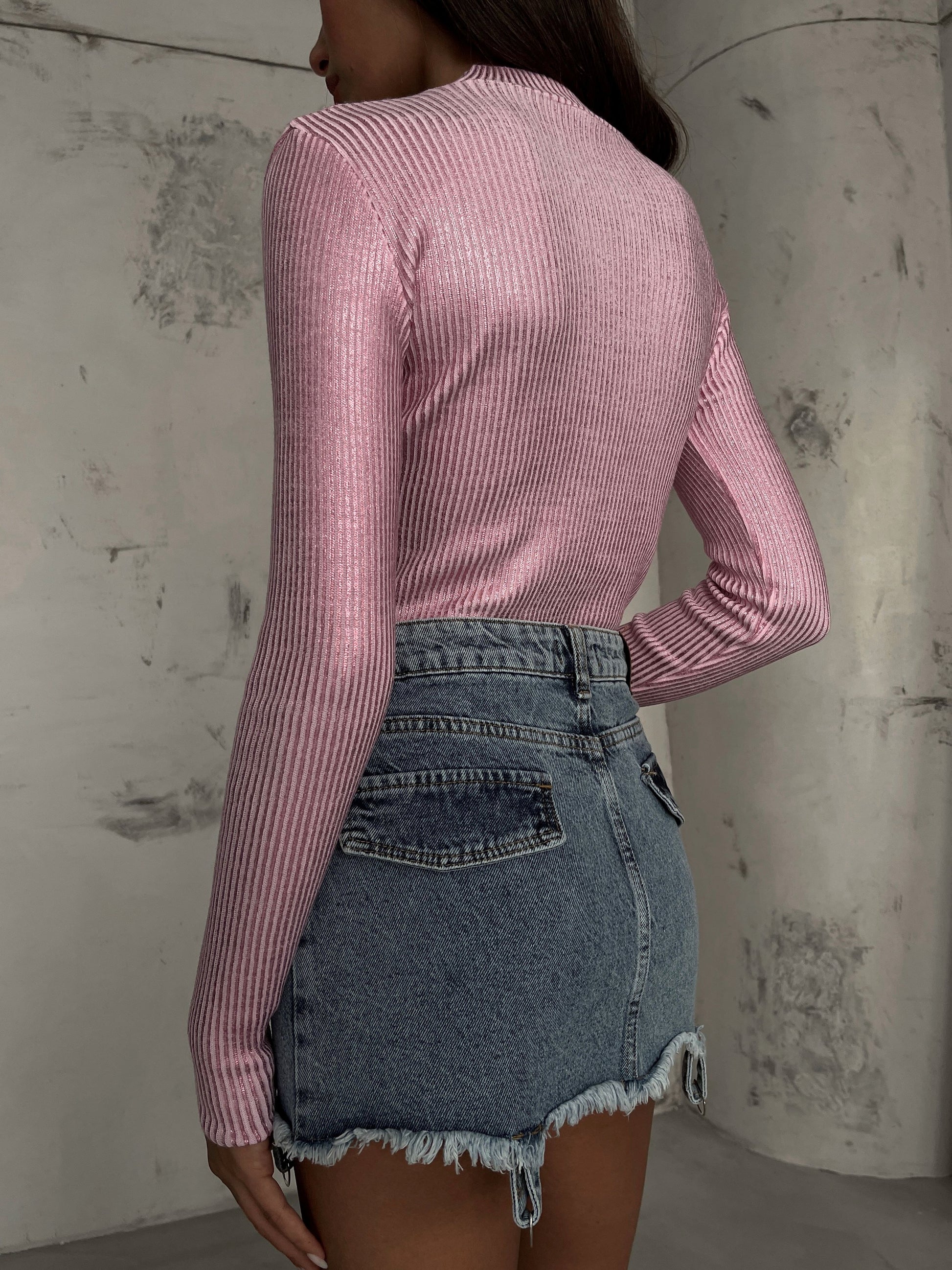 Turtleneck Metallic Pink Knit Blouse