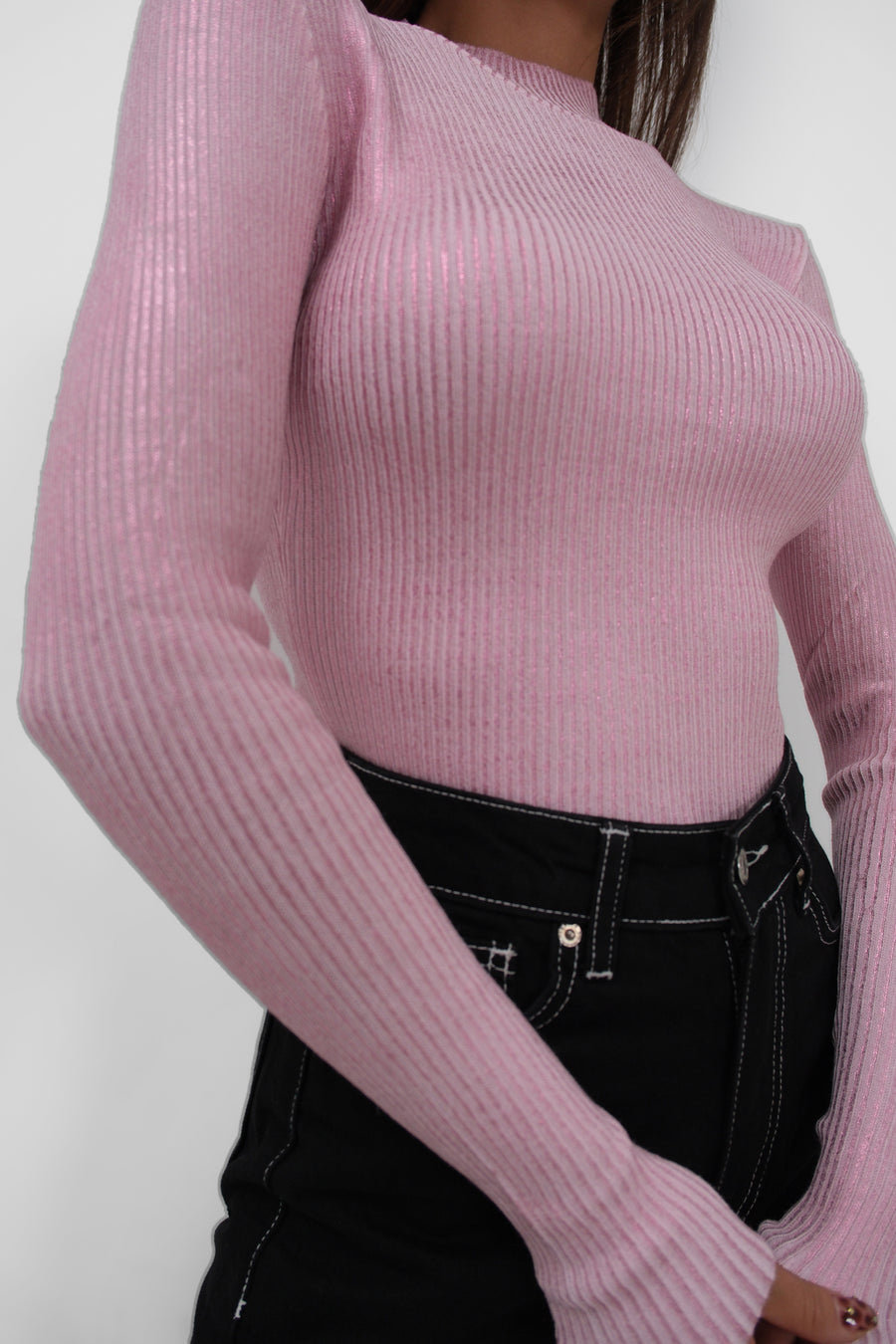 Turtleneck Metallic Pink Knit Blouse