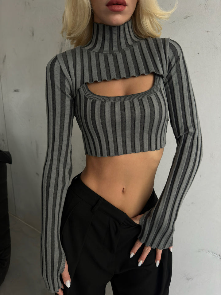 Balıkçı Yaka Gri Triko Crop