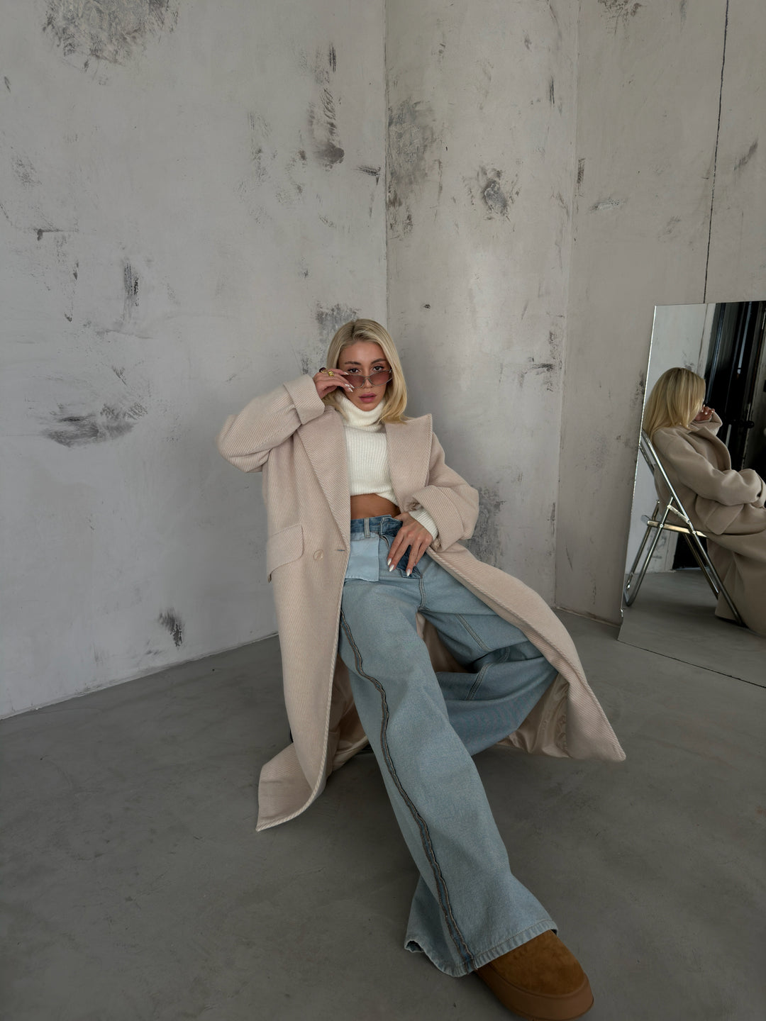 Balıksırtı Bej Oversize Kaban