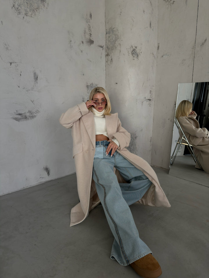 Balıksırtı Bej Oversize Kaban