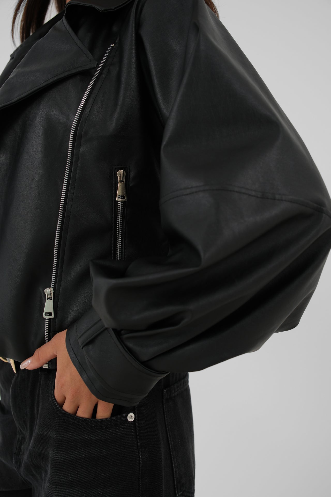 Balloon Sleeve Oversize Black Leather Jacket 