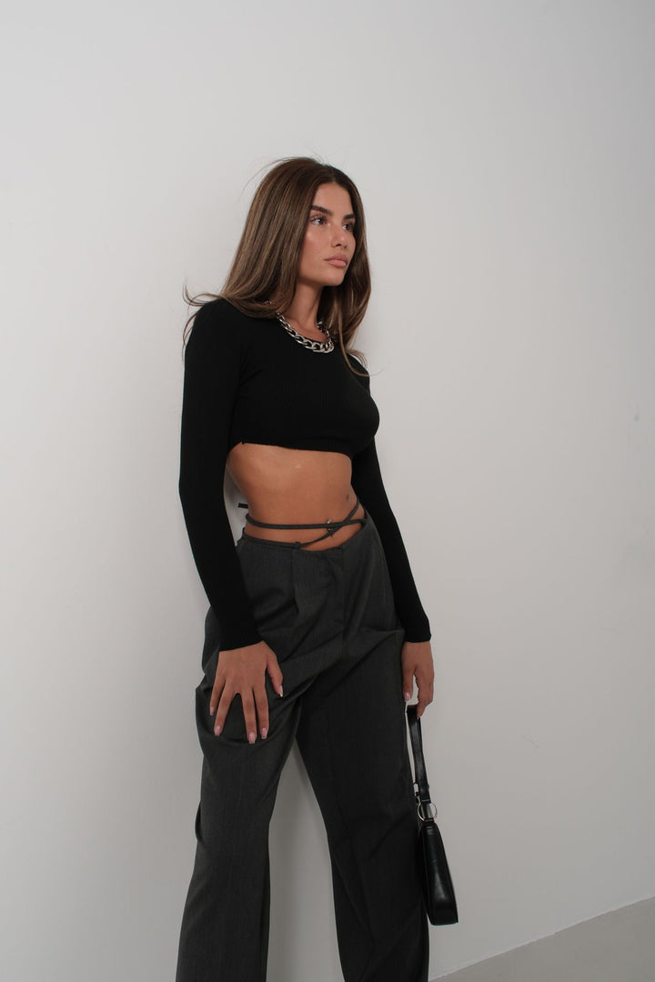 Basic Siyah Crop Triko Bluz