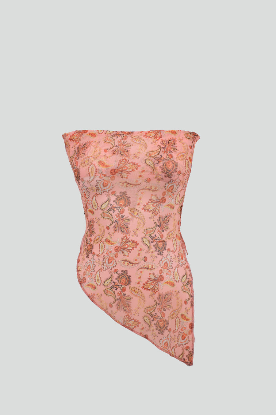 Printed Asymmetric Salmon Tulle Blouse 