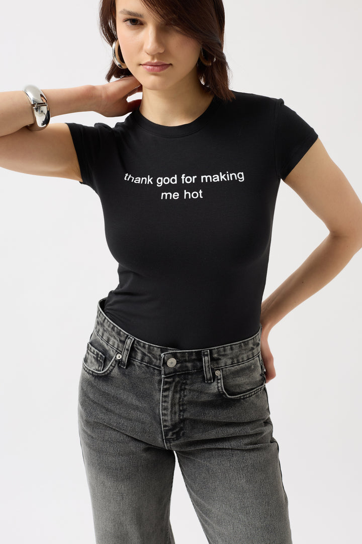 Thank God Printed Lycra Crop Black T-Shirt 