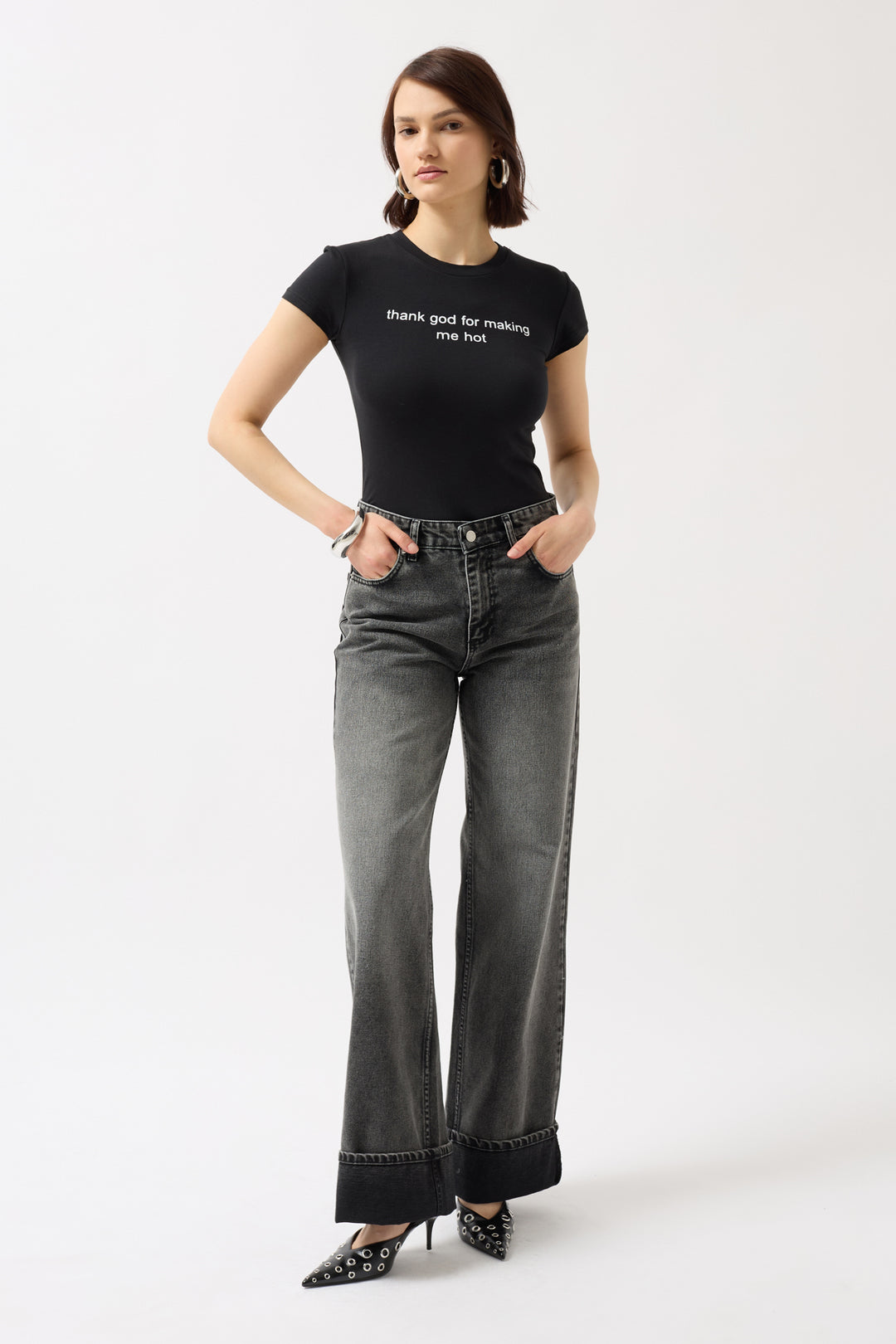 Thank God Printed Lycra Crop Black T-Shirt 