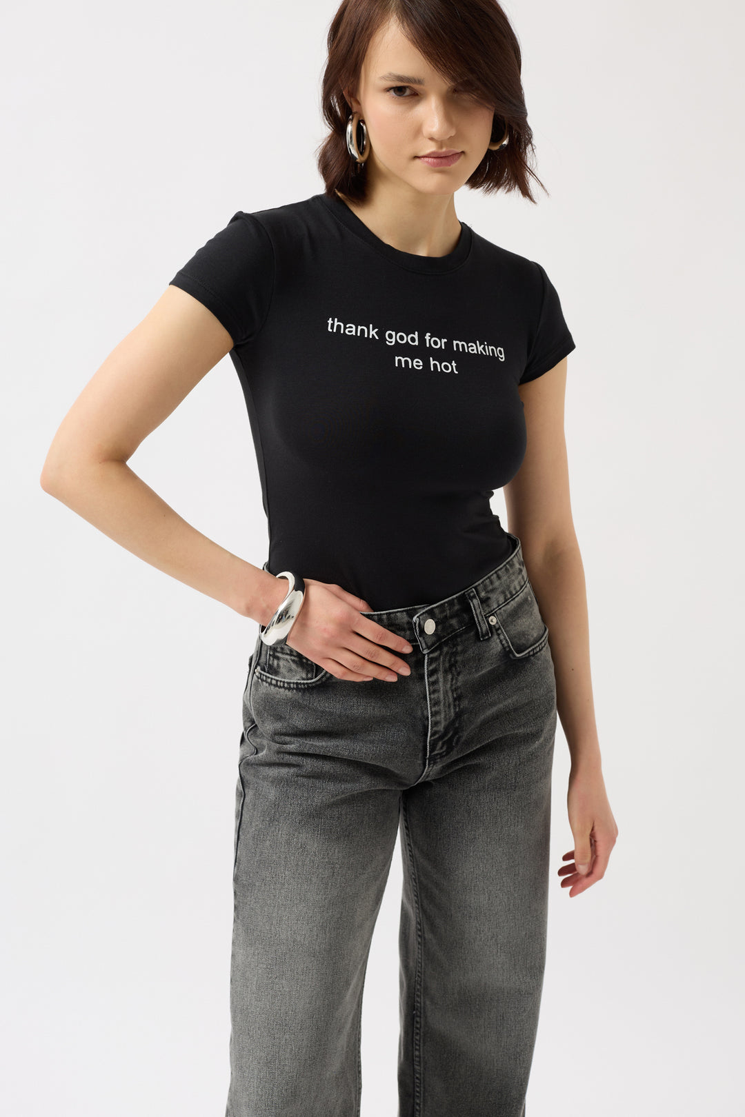 Thank God Printed Lycra Crop Black T-Shirt 