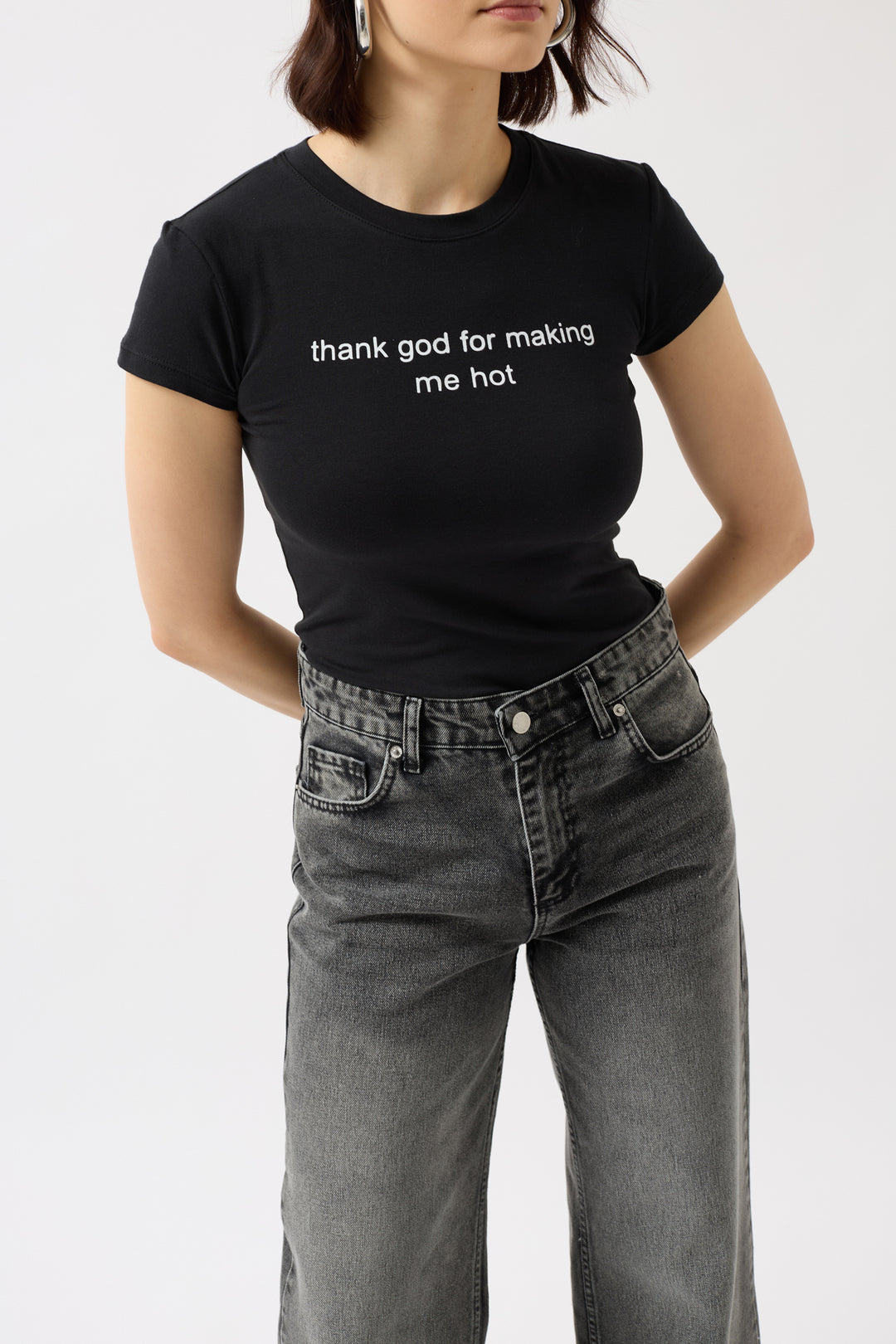 Thank God Printed Lycra Crop Black T-Shirt 