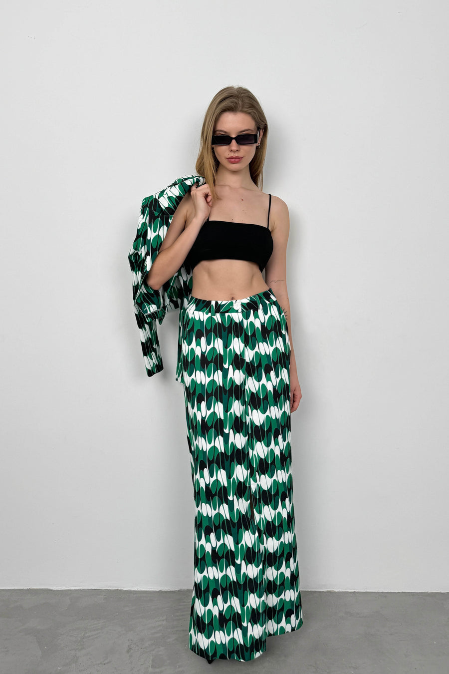 Printed Front Slit Green Skirt 