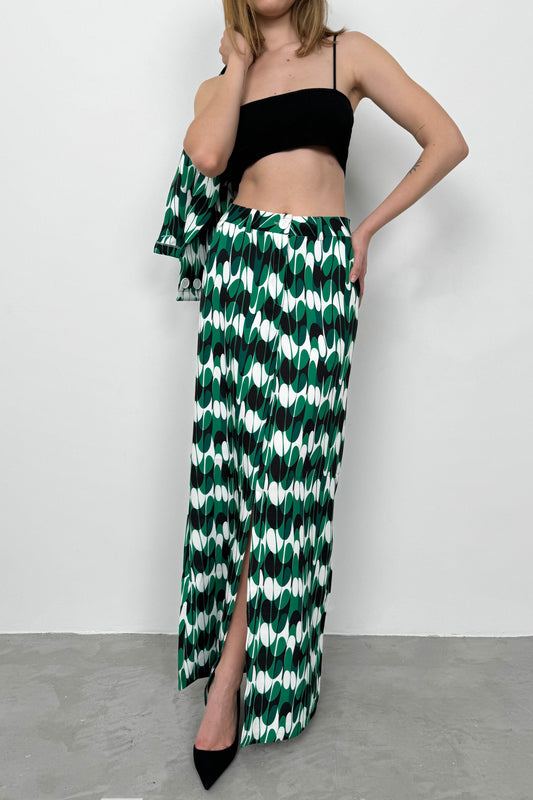 Printed Front Slit Green Skirt 