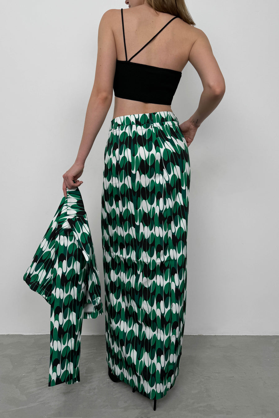 Printed Front Slit Green Skirt 