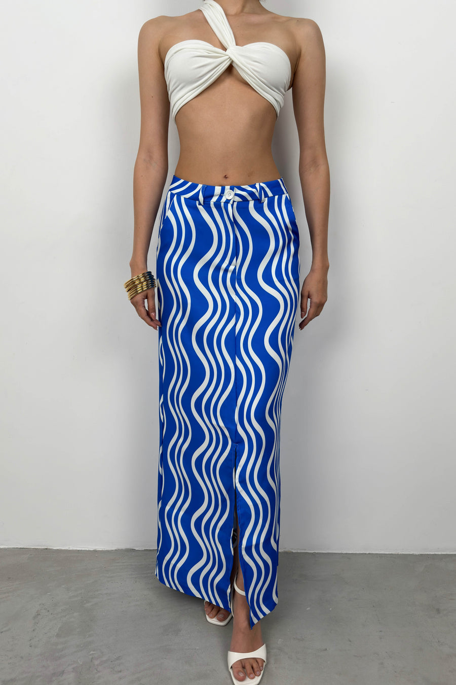 Printed Front Slit Blue Skirt 