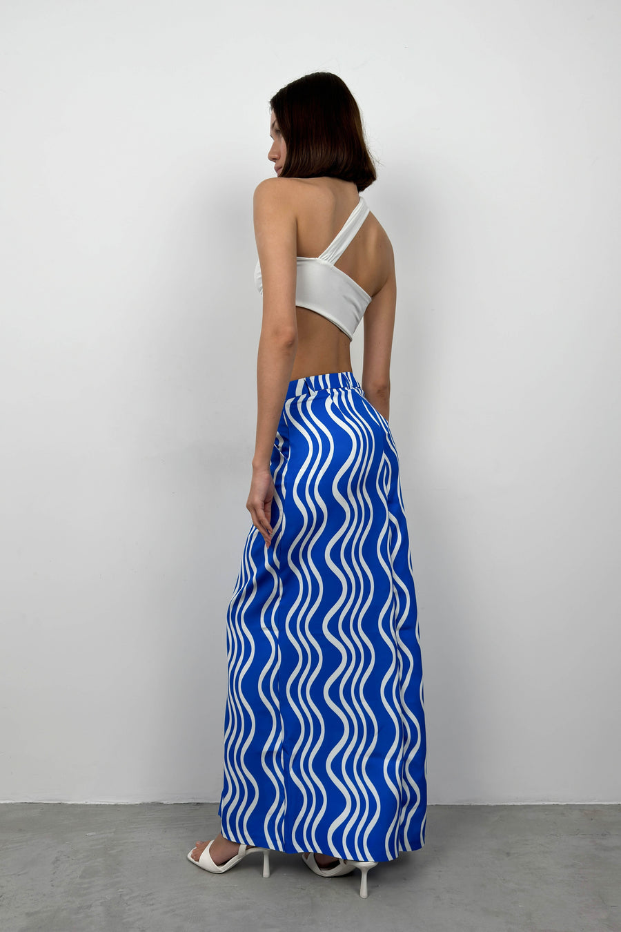 Printed Front Slit Blue Skirt 