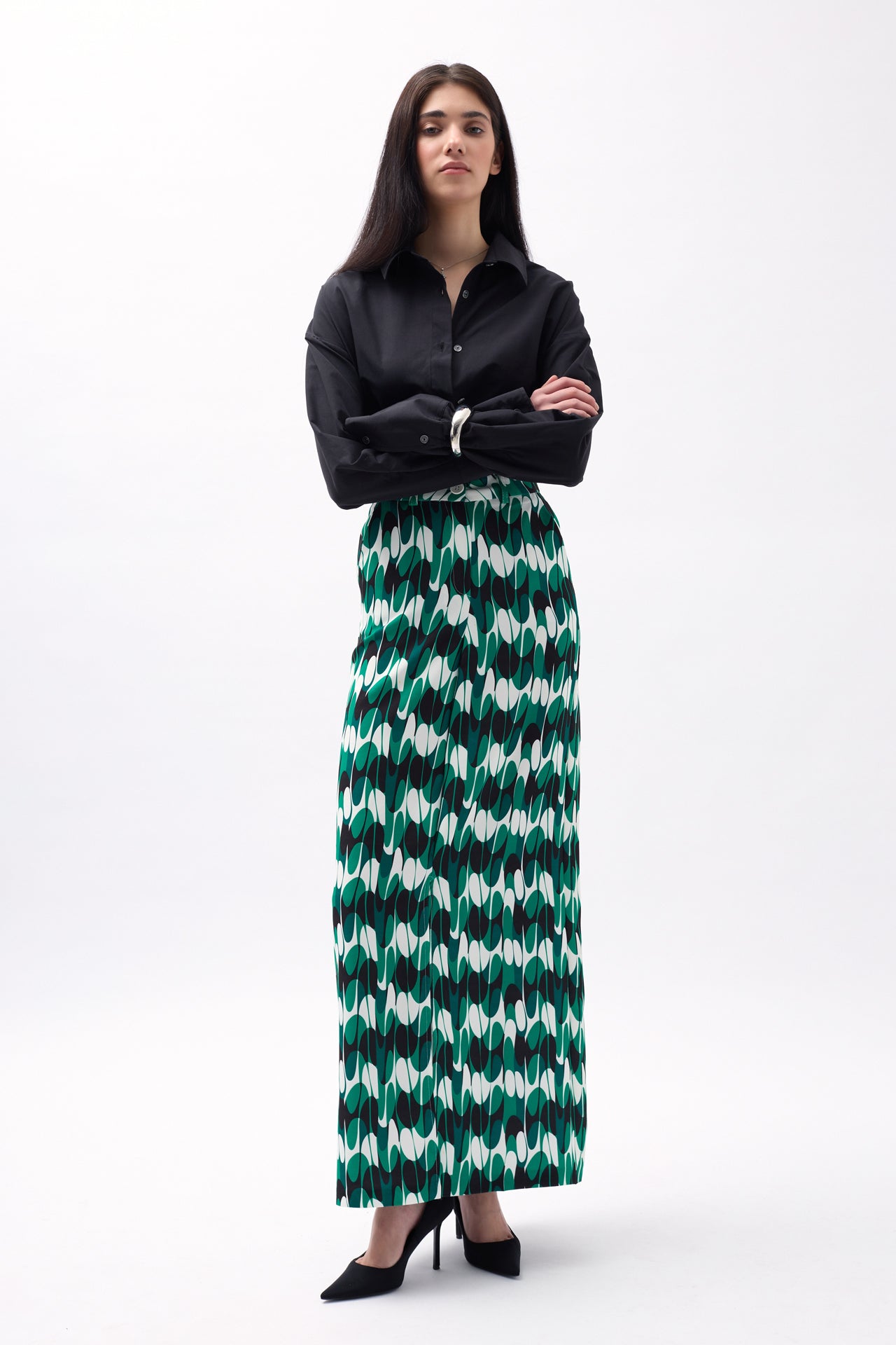 Printed Front Slit Green Skirt 