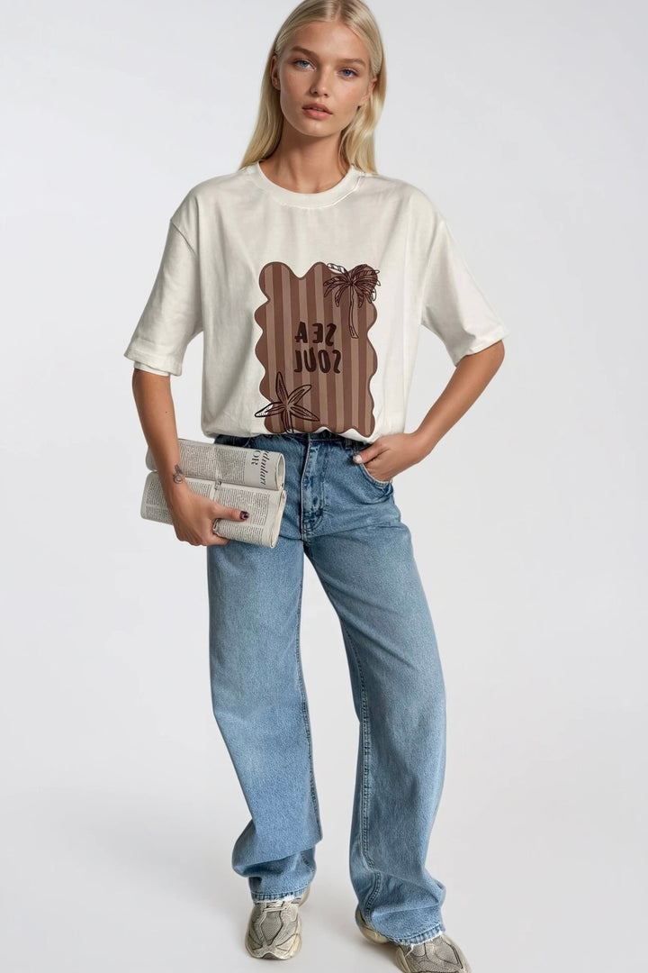 Sea Soul Baskılı Oversize Beyaz T-Shirt