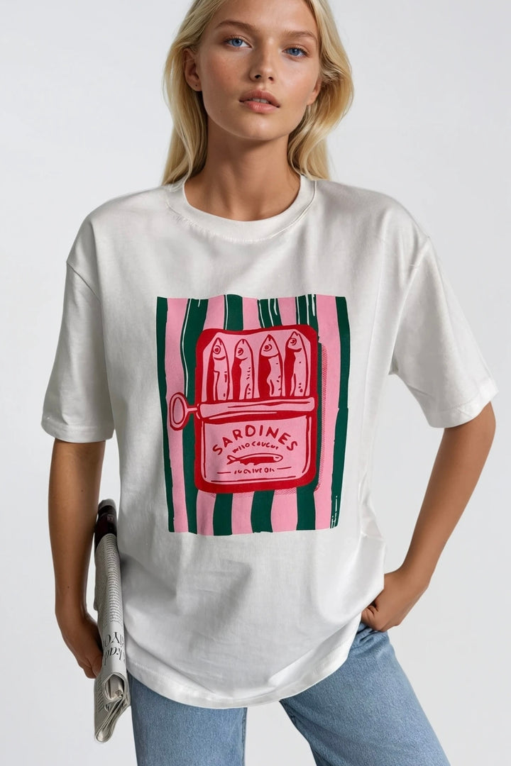 Sardines Baskılı Oversize Beyaz T-Shirt