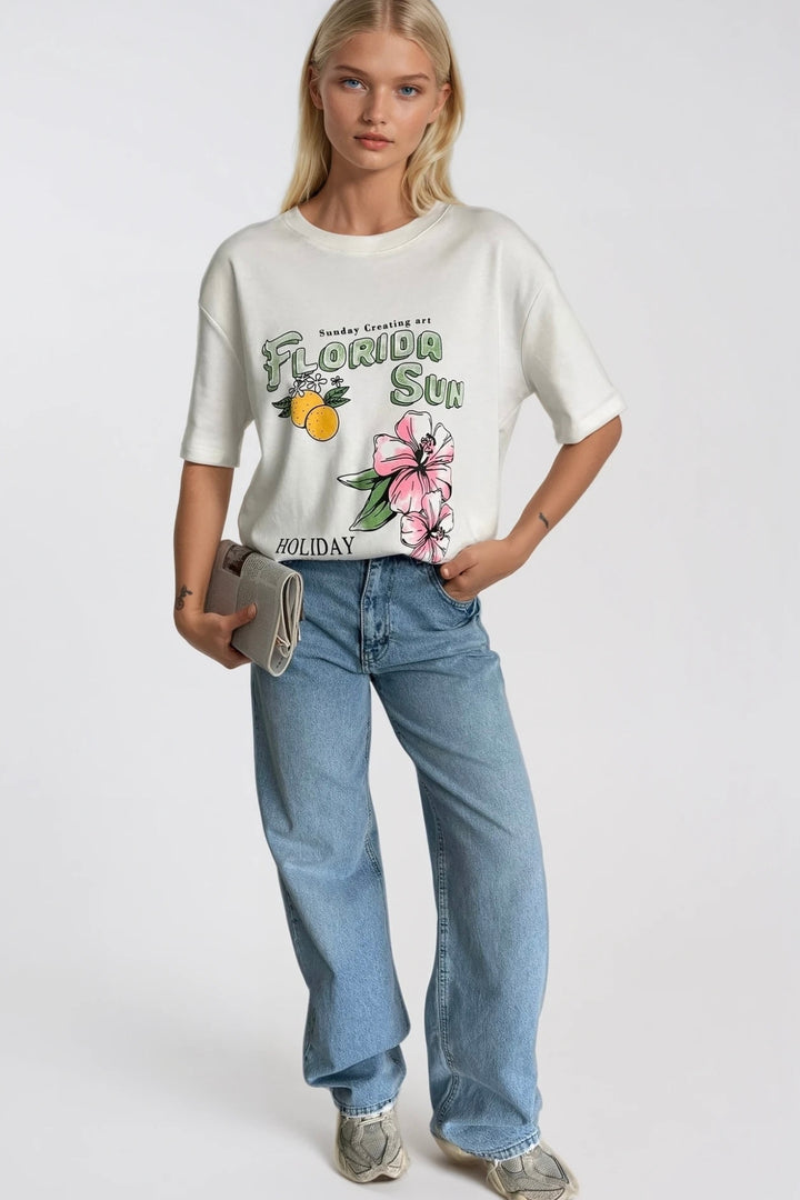 Florida Baskılı Oversize Beyaz T-Shirt