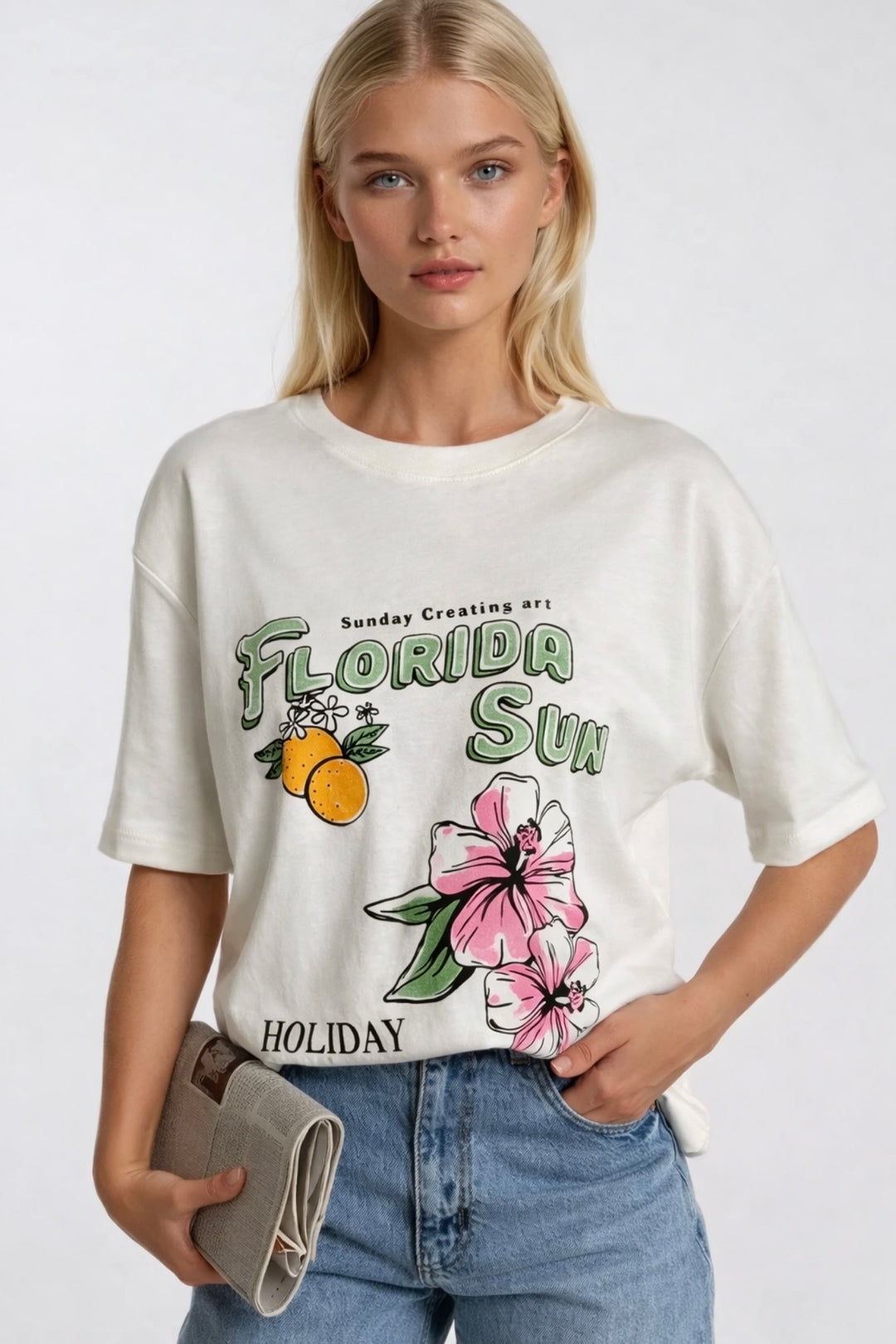 Florida Baskılı Oversize Beyaz T-Shirt