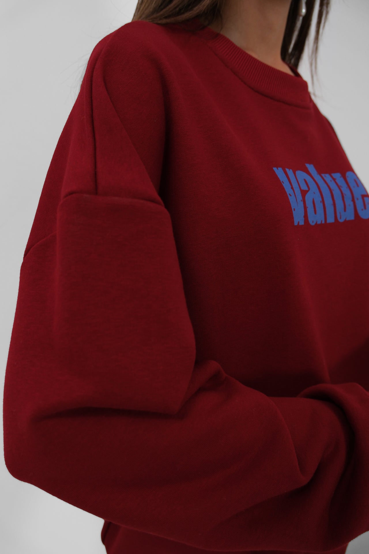 Baskılı Sıfır Yaka Oversize Bordo Sweatshirt