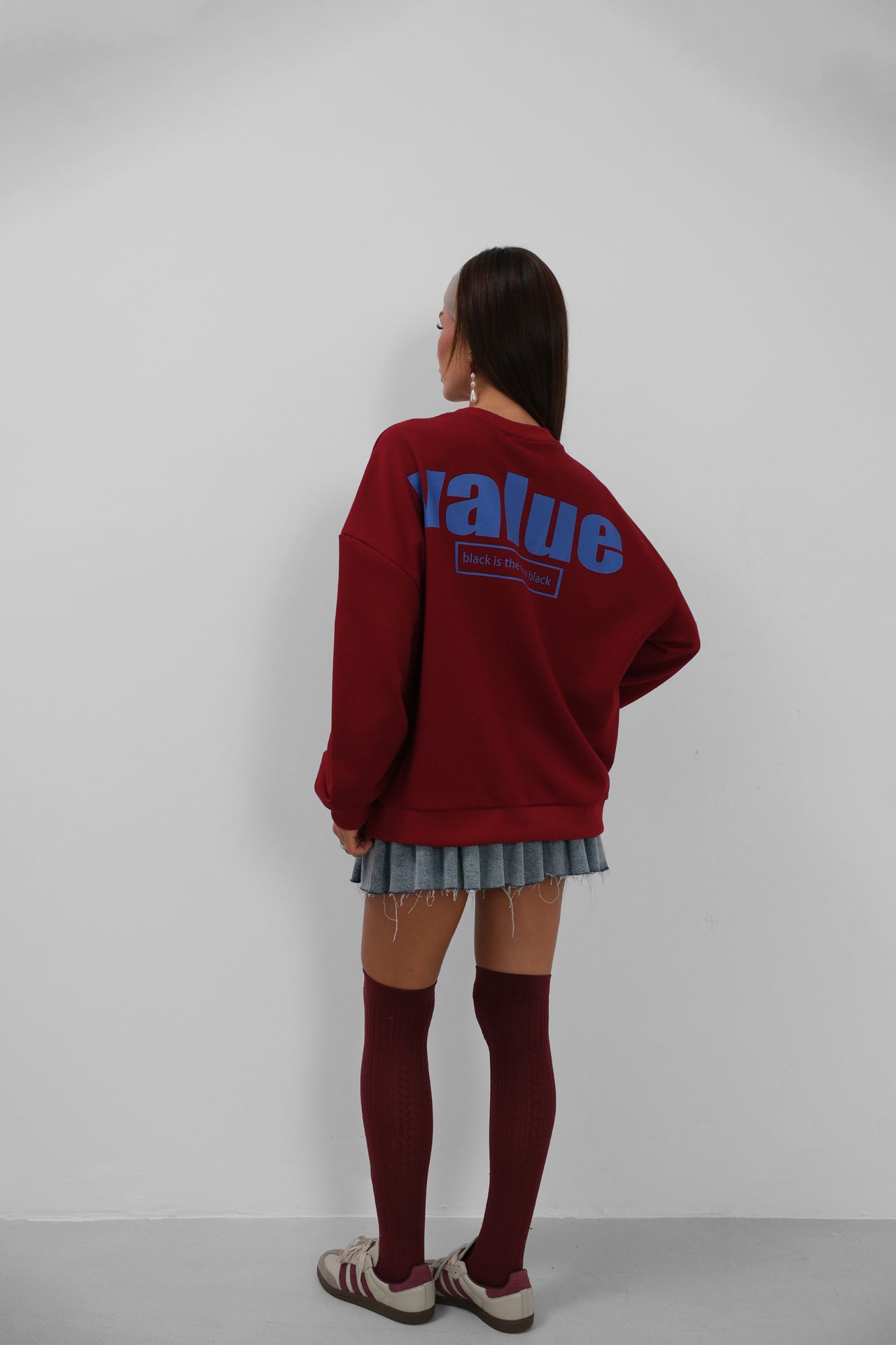 Baskılı Sıfır Yaka Oversize Bordo Sweatshirt