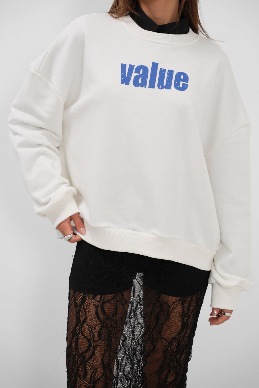 Baskılı Sıfır Yaka Oversize Ekru Sweatshirt