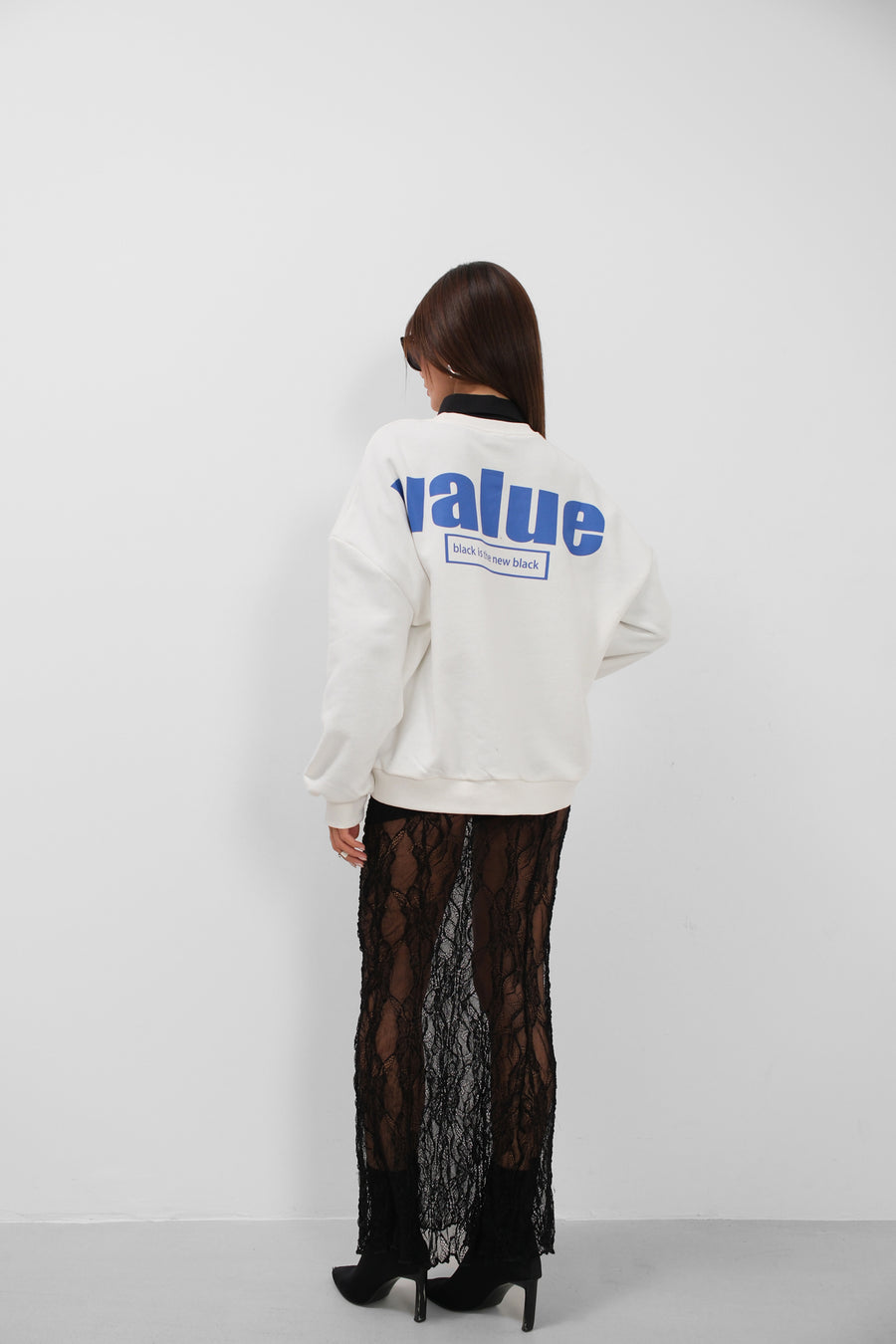 Baskılı Sıfır Yaka Oversize Ekru Sweatshirt