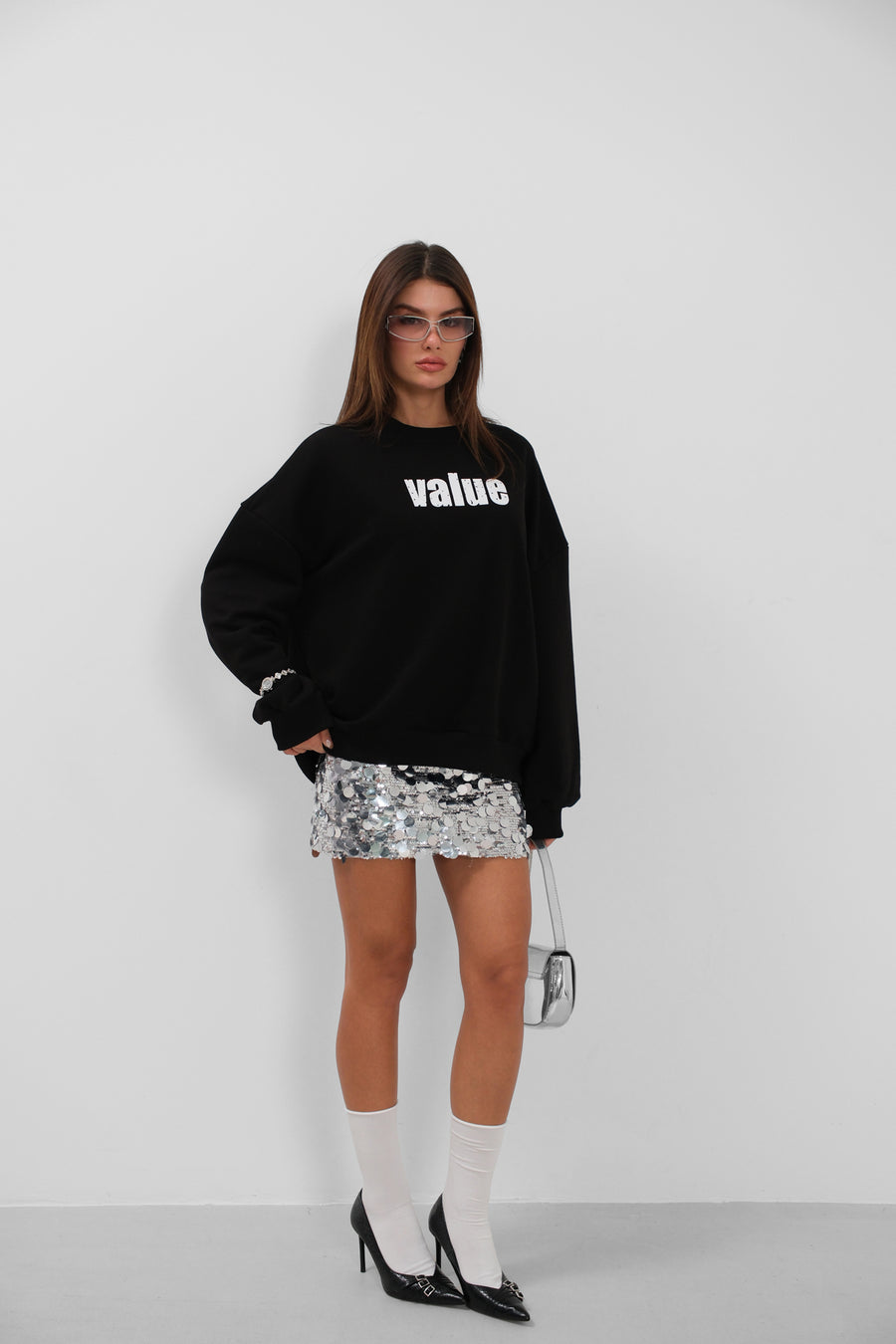 Baskılı Sıfır Yaka Oversize Siyah Sweatshirt