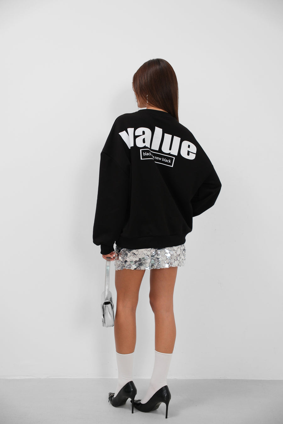 Baskılı Sıfır Yaka Oversize Siyah Sweatshirt