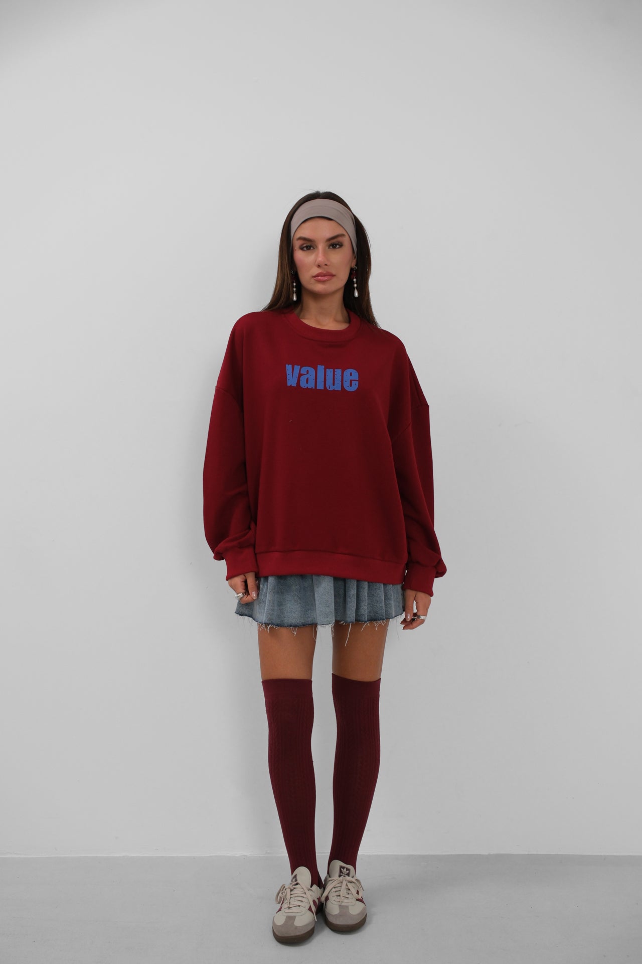 Baskılı Sıfır Yaka Oversize Bordo Sweatshirt