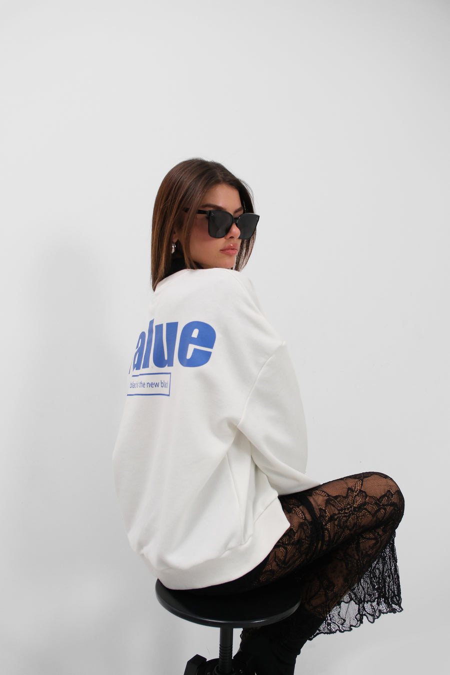 Baskılı Sıfır Yaka Oversize Ekru Sweatshirt