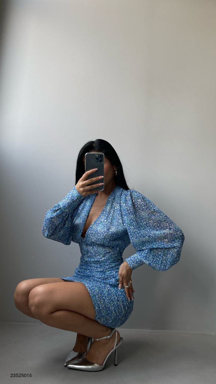 Baskılı Mavi Şifon Elbise