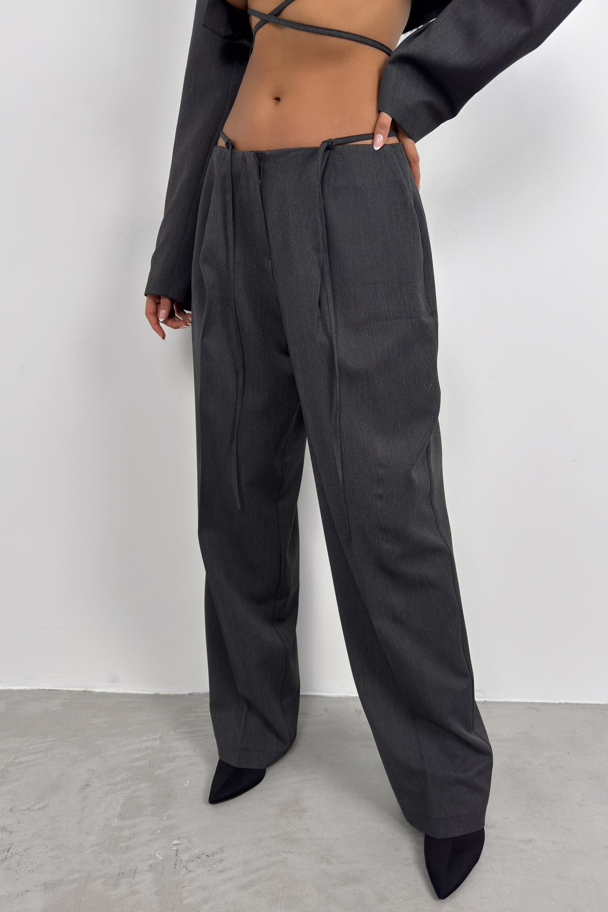 Waist Tie Detail Dark Grey Trousers 