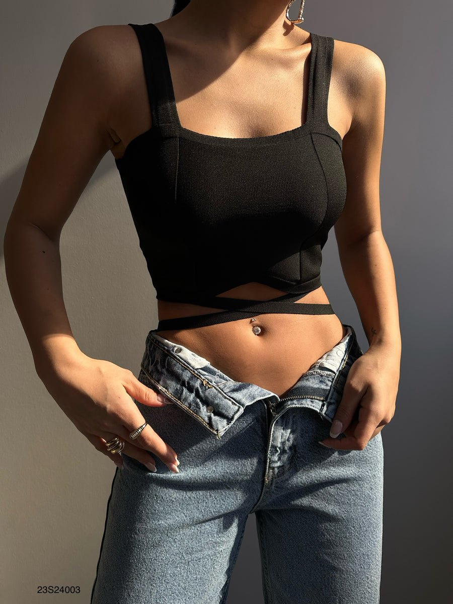 Black Crop Blouse with Waist Tie 