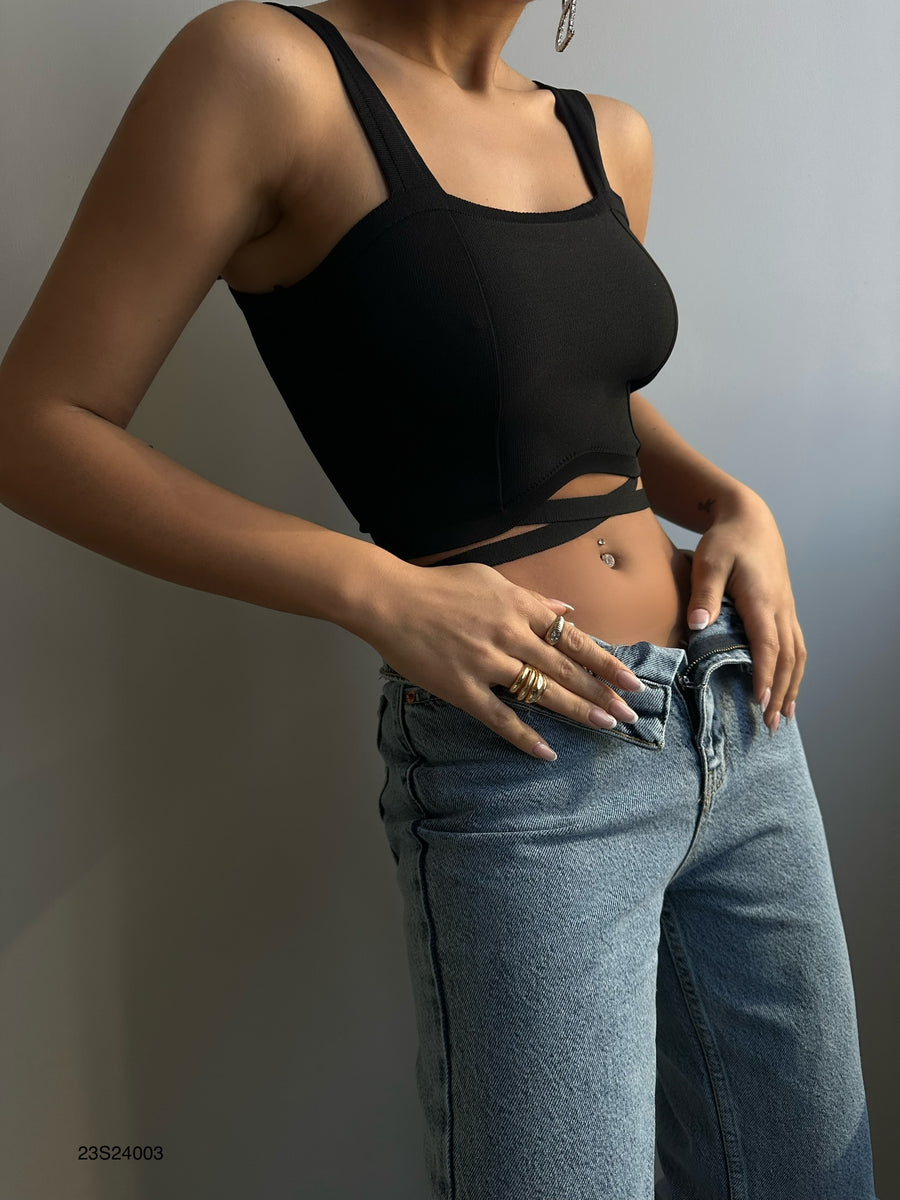 Black Crop Blouse with Waist Tie 