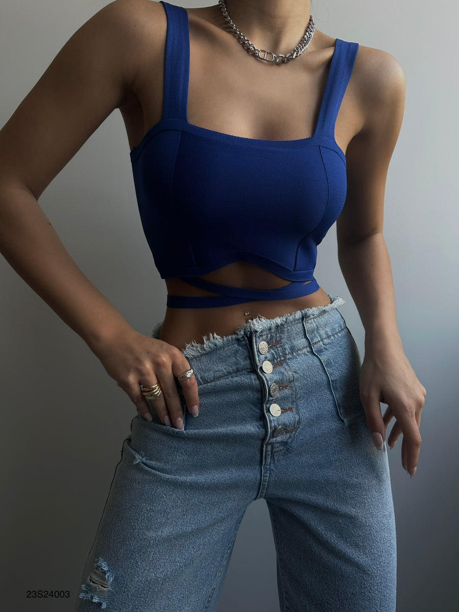 Blue Crop Blouse with Waist Tie 