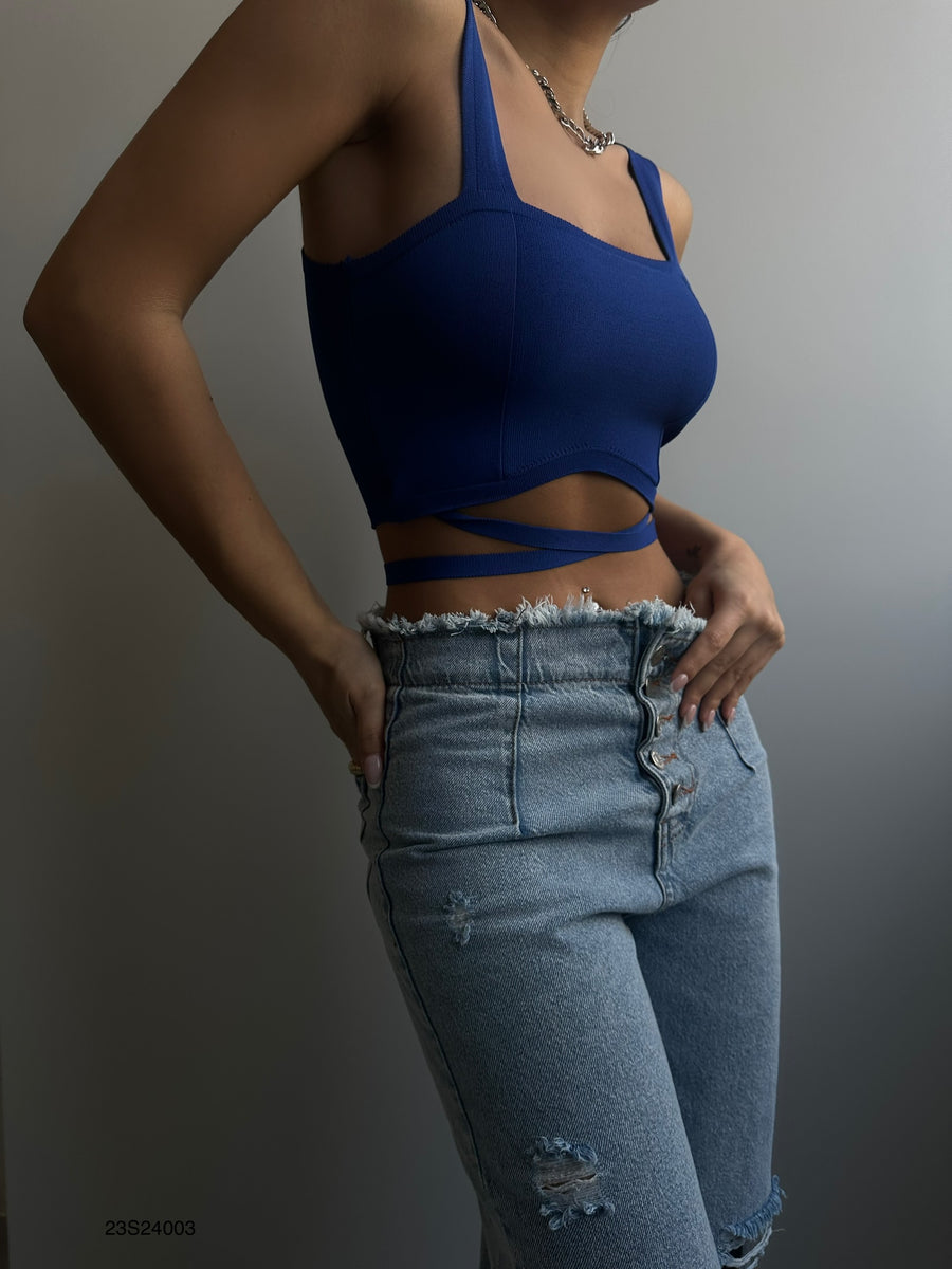 Blue Crop Blouse with Waist Tie 