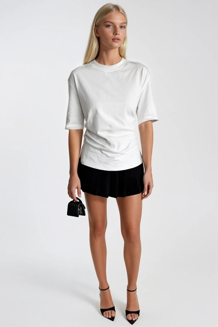 Bel Büzgülü Basic Beyaz T-Shirt