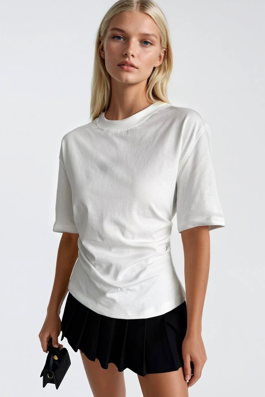 Bel Büzgülü Basic Beyaz T-Shirt