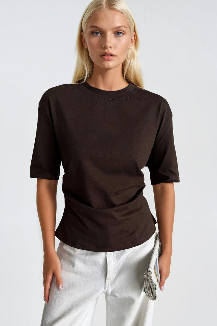 Bel Büzgülü Basic Kahverengi T-Shirt