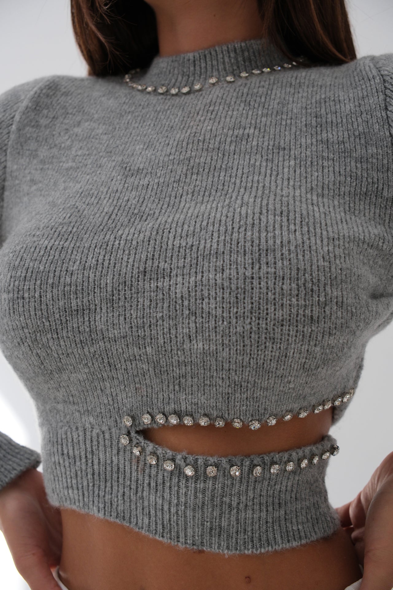 Low-Cut Stone Detailed Gray Knitwear Sweater 