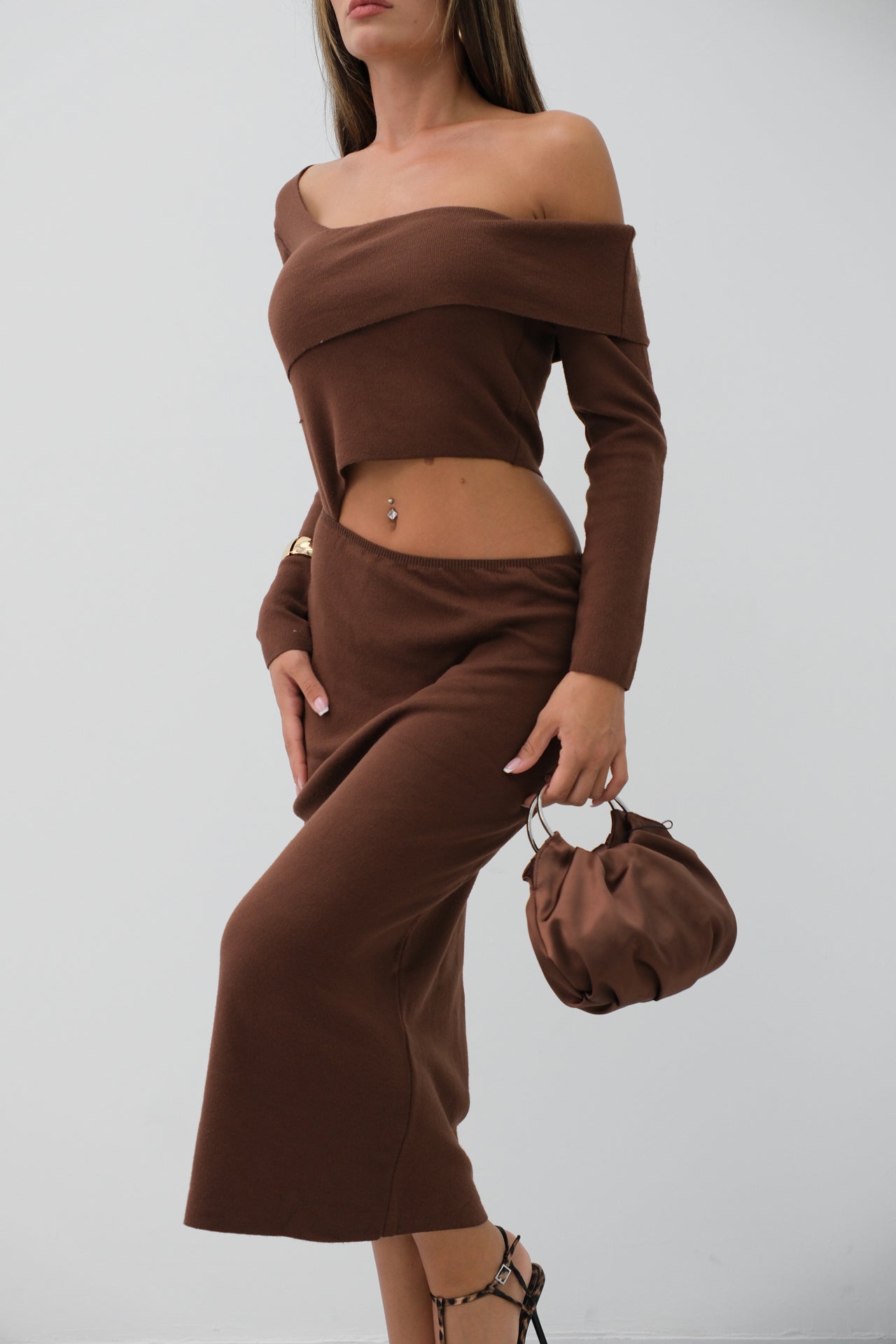 Waist Detail One Shoulder Brown Knit Dress 