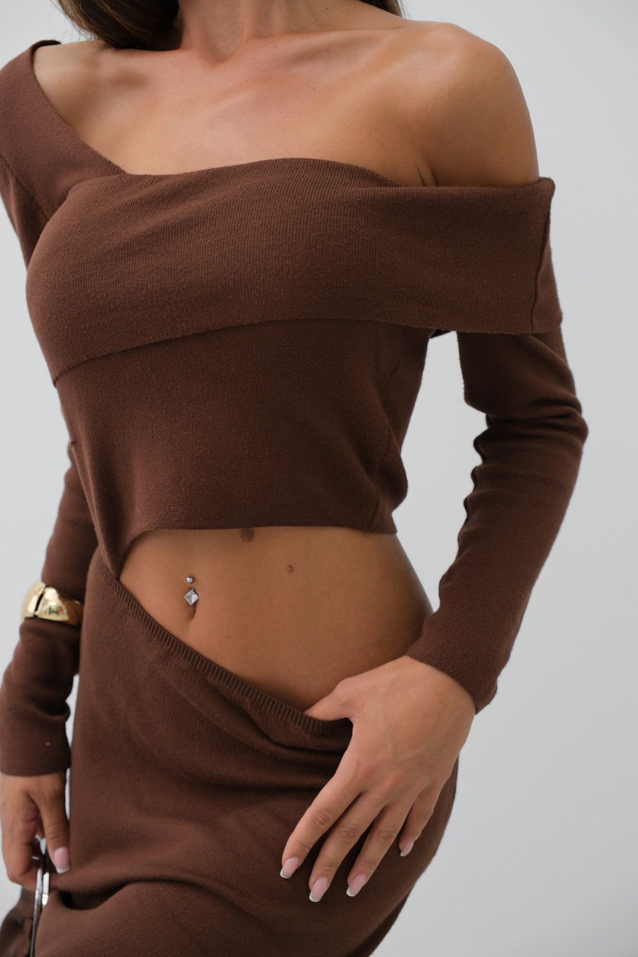 Waist Detail One Shoulder Brown Knit Dress 