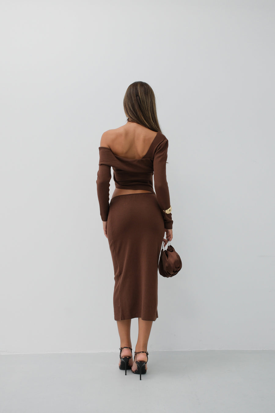 Waist Detail One Shoulder Brown Knit Dress 